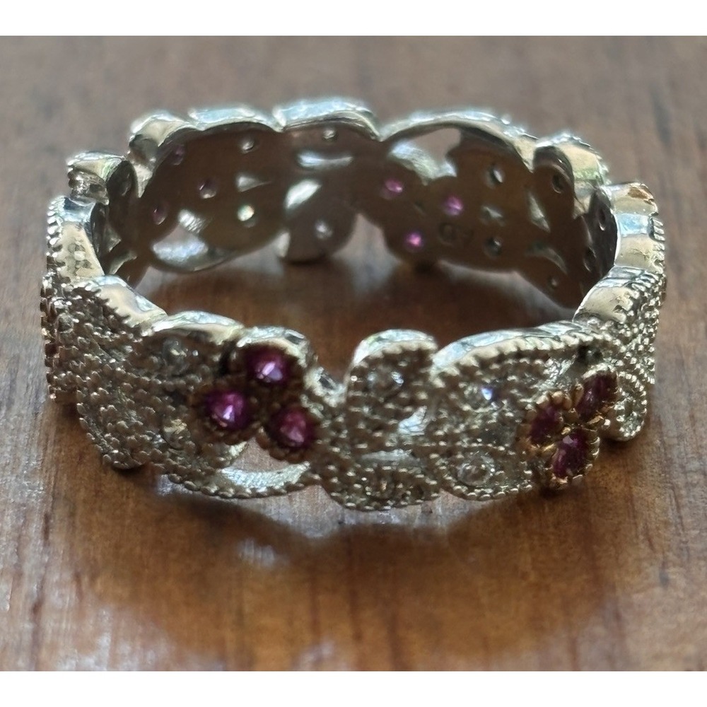 Ornate Ruby And CZ Sterling Silver Ring - size 8.75